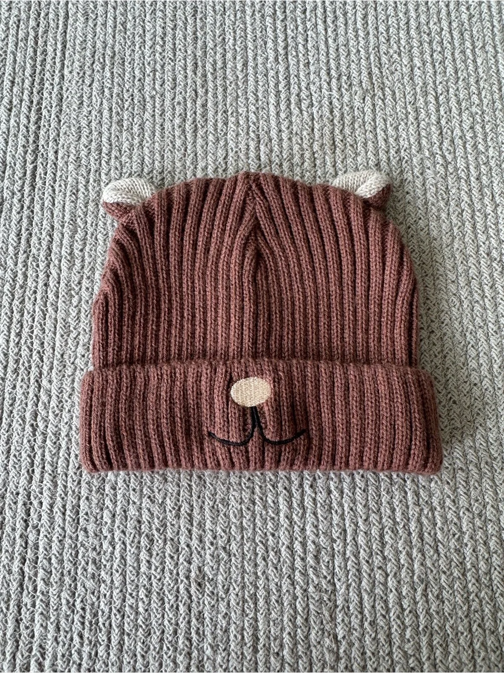 Baby Brown Knit Bear Ear Beanie Hat Size 6-12 Months